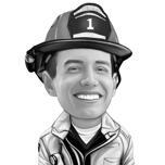 Brandweerman met kop en schouders in zwart-wit