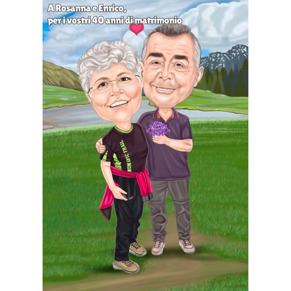Цветной карикатурный рисунок пары в полный рост на подарок к 40-летию свадьбы