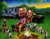 Portret de desene animate de cuplu de camping cu foc de tabără