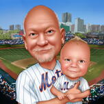 Father and Kid Caricature in Favorite Baseball Team Uniform