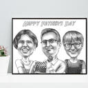 Perheen piirretty muotokuva mustavalkoisena valokuvista, jotka on painettu julisteeseen mukautettuna lahjana