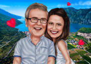Karikatura páru na dovolené z fotografií