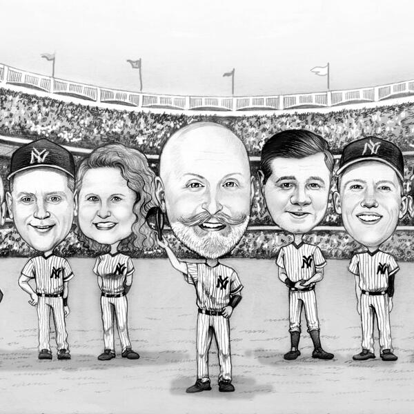 Černobílá kresba baseballového týmu
