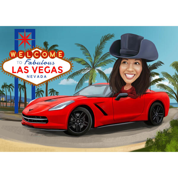 Nainen punaisessa autossa - Las Vegas -kyltti