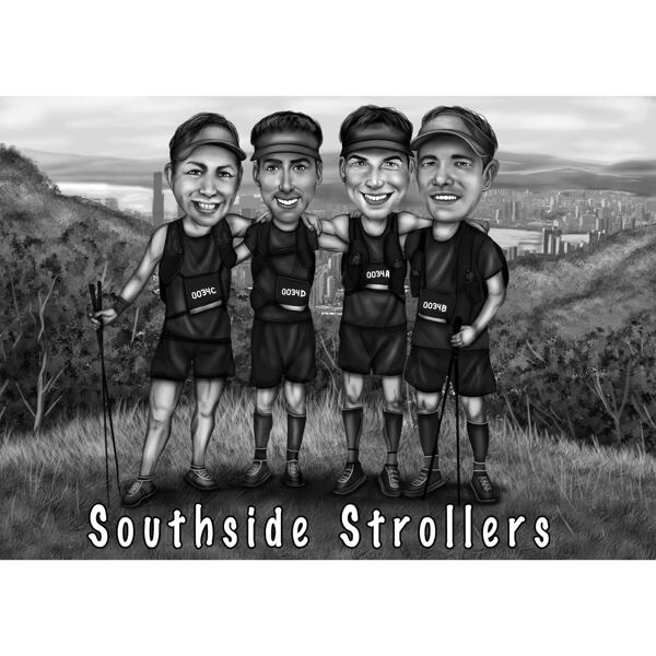 Hiking Group Athletes Caricature