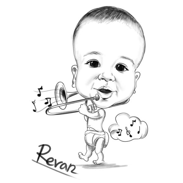 Caricatură de schiță de bebeluș din fotografii în stil de desen alb-negru