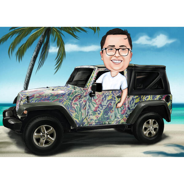 Karikatuur van een man in een jeep op vakantie