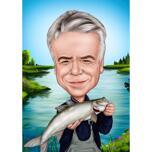 Caricatura de pesca dibujada a mano: retrato digital personalizado