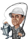 Homem com caricatura de peixe grande em estilo de cores para presente de pescador