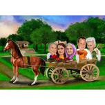 Dessin caricatural d'une famille avec un cheval