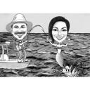 Özel Arka Planla Siyah Beyaz Stilde Komik Çift Balık Tutma Karikatürü