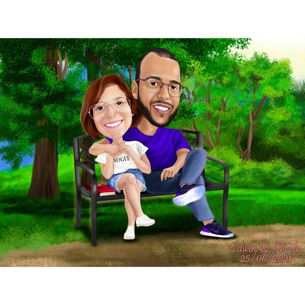 Caricature colorée de couple sur un banc de parc avec fond de nature à partir de photos