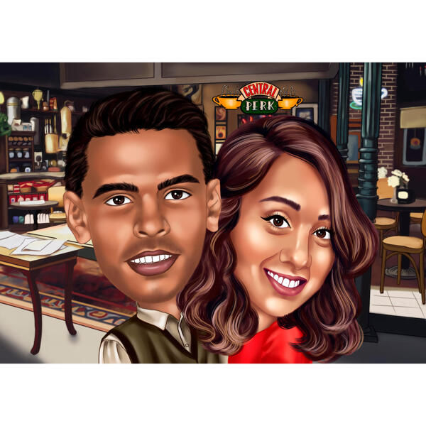 Карикатура пары в баре в цветном стиле с фотографий для персонального подарка