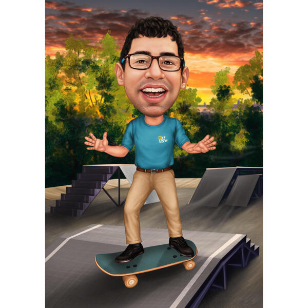 Mann auf Skateboard in farbiger Karikatur mit benutzerdefiniertem Hintergrund von Foto