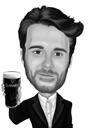 Dibujo de caricatura de persona bebedora de cerveza personalizada en estilo blanco y negro