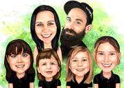 Färgad karikatyr: Familj i naturlig akvarellstil