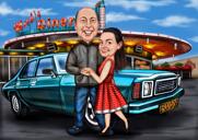 Caricatura de casal com carro de sonho em fotos