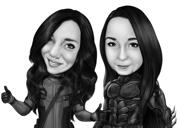 Sisters Caricature in Black and White Style