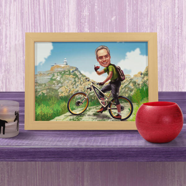 Caricatura de dibujos animados de persona en bicicleta en estilo de color sobre fondo personalizado como impresión de póster