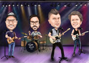 Perhemuusikon karikatyyri rumpujen ja trumpetin kanssa