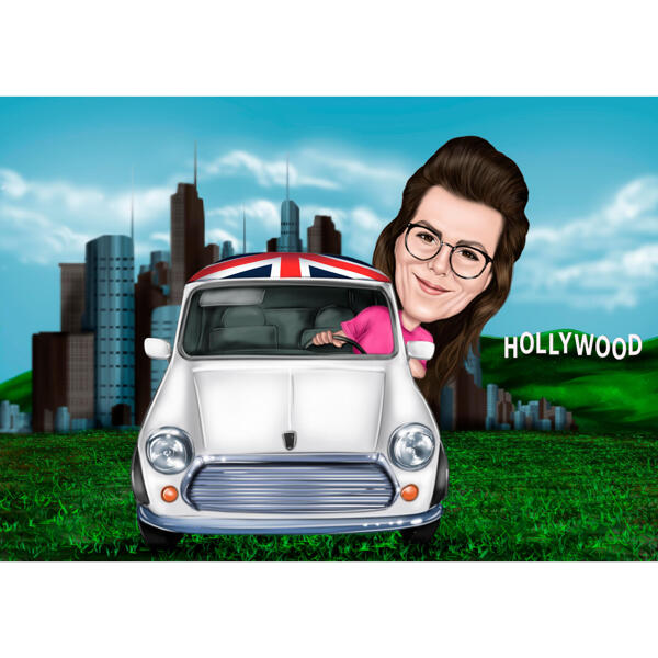 Mujer en caricatura de coche con cartel de Hollywood en el fondo