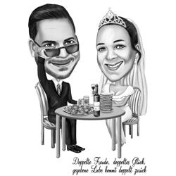 Caricatura della cena del ristorante delle coppie in stile bianco e nero