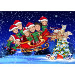 Caricature de la famille du traîneau du père Noël à partir de photos pour carte de Noël