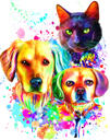 Hunde og kat akvarel maleri
