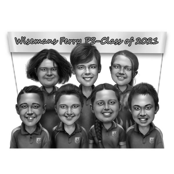 Ritratto del fumetto degli studenti della scuola primaria in stile bianco e nero dalle foto