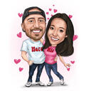 Retrato de casal em desenho animado com pequenos corações