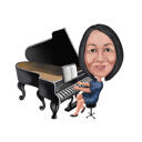 Persoon die Grand Piano-karikatuur van foto speelt in Full Body-gekleurde stijl