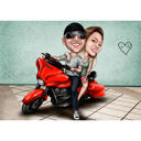 Pāris uz motorollera kā krāsaina karikatūras dāvana ar vienkāršu fonu no fotoattēliem