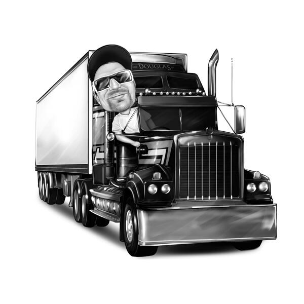 Řidič kamionu s karikaturou kontejnerového kamionu z fotografií ručně kreslených v černobílém stylu