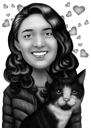 Mies kissan kanssa sarjakuva karikatyyri lahja mustavalkoinen tyyli valokuvasta