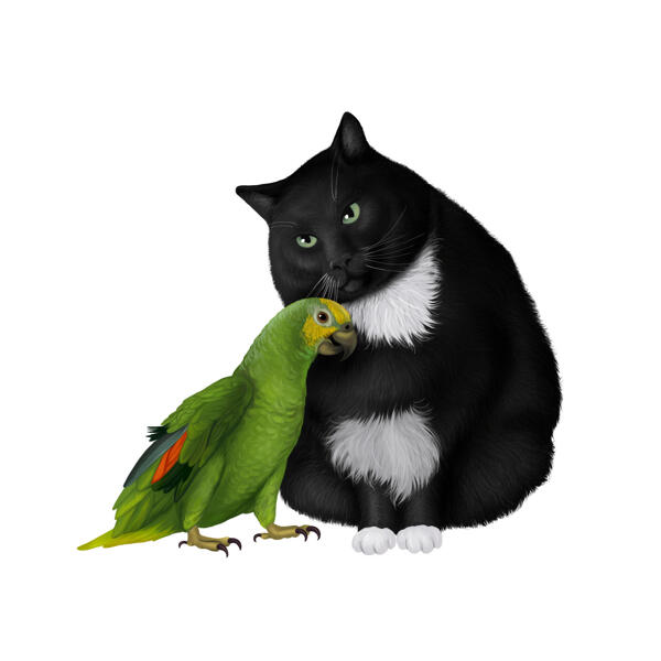 Ystävällinen lintu kissan kanssa sarjakuva muotokuva kuvista lemmikkien ystäville lahja