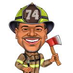 Bijl zwaaiende brandweerman overdreven karikatuur