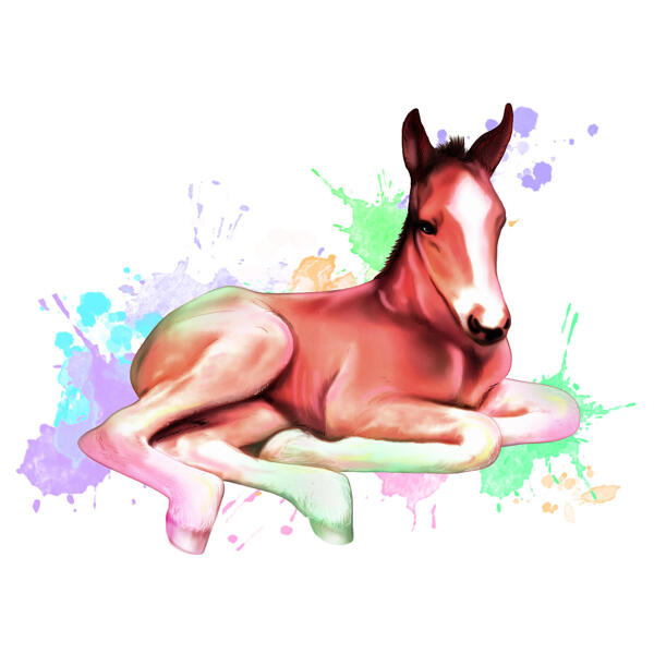 Portrét celého těla akvarel koně v pastelových barvách