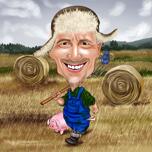 رسم كاريكاتوري للمزارع يحمل مذراة مع Pig