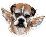 Pintura de retrato de estilo natural en acuarela en honor a una mascota con halo y alas de ángel