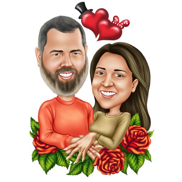 Forlovelseskarikatur med blomsterdekorationer til jubilæumsgave