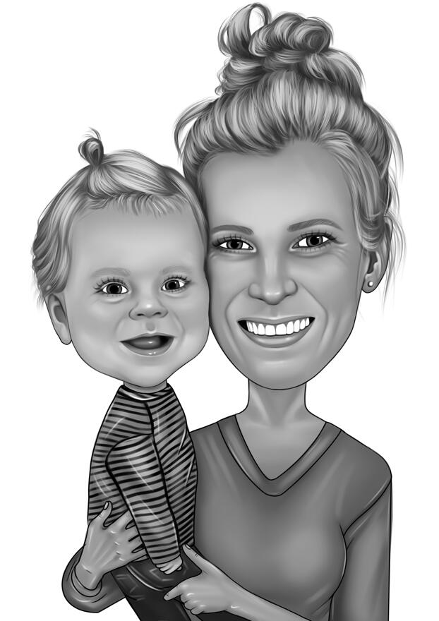 Mother with Baby Girl Cartoon Drawing from Photos in Black and White  Digital Style