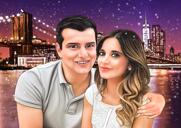 Retrato de casal personalizado em estilo colorido com fundo noturno da cidade