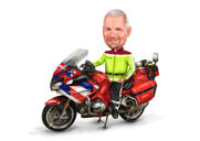 Motorcykelförare tecknad karikatyr i färgad stil från foto