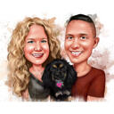 Retrato em aquarela de casal e cachorro