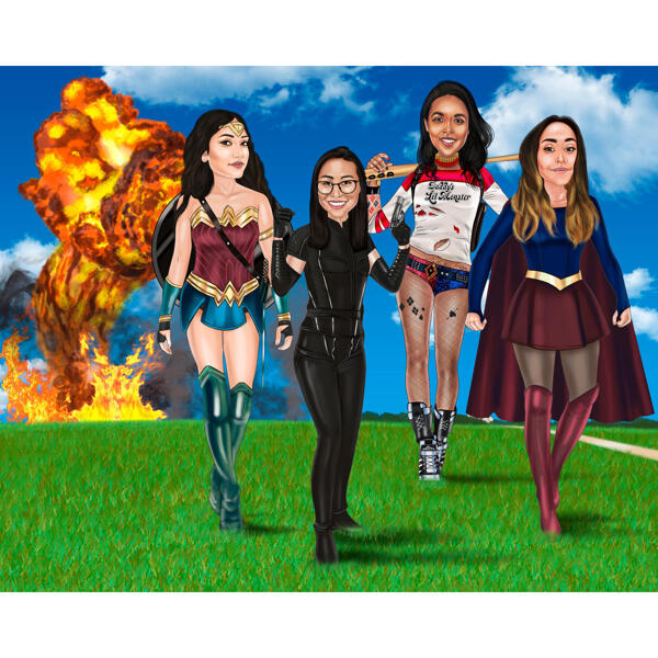 Portrait de groupe de filles de super-héros dans un style coloré sur fond personnalisé