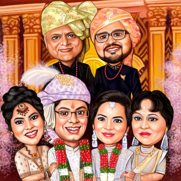 Dessin traditionnel de famille de mariage indien
