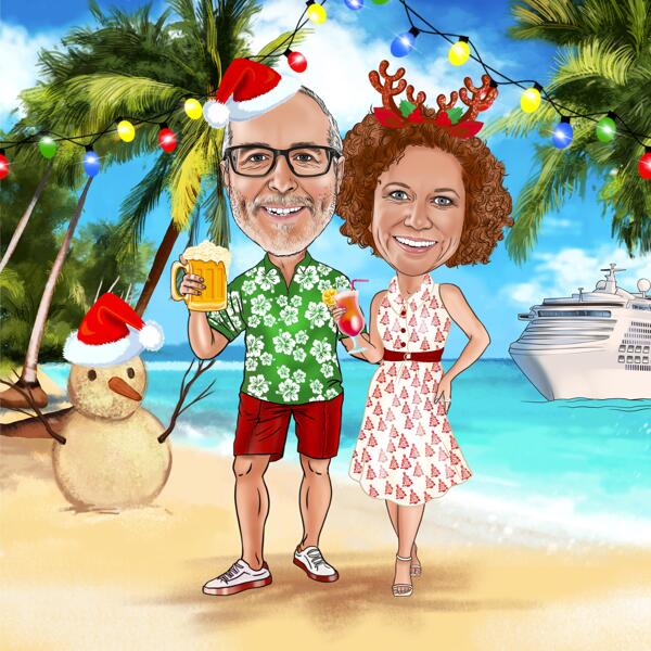 Caricatura di coppia in vacanza con sfondo di spiaggia tropicale