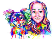 Owner with Border Collie Caricature Portrait from Photos Drawn in Vivid Watercolor Style