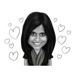 Retrato de menina dos desenhos animados em estilo preto e branco com fundo de corações
