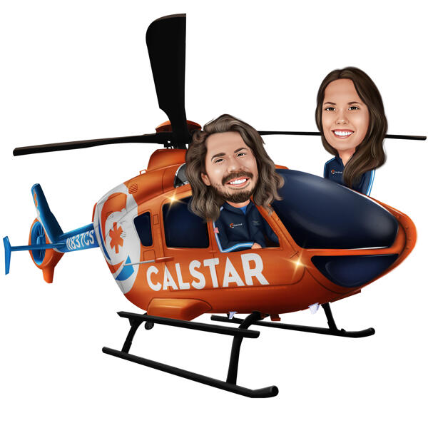 To personer i helikopter - farvet karikaturgave fra fotos